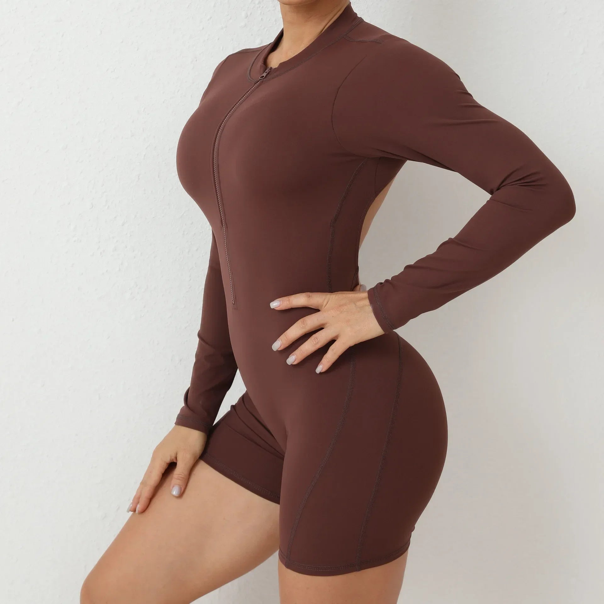 Combinaisons de yoga sans couture à fermeture éclair Sports Fitness Beauté Dos Levage des hanches à manches longues Une pièce Entraînement Gym Survêtements pour femmes