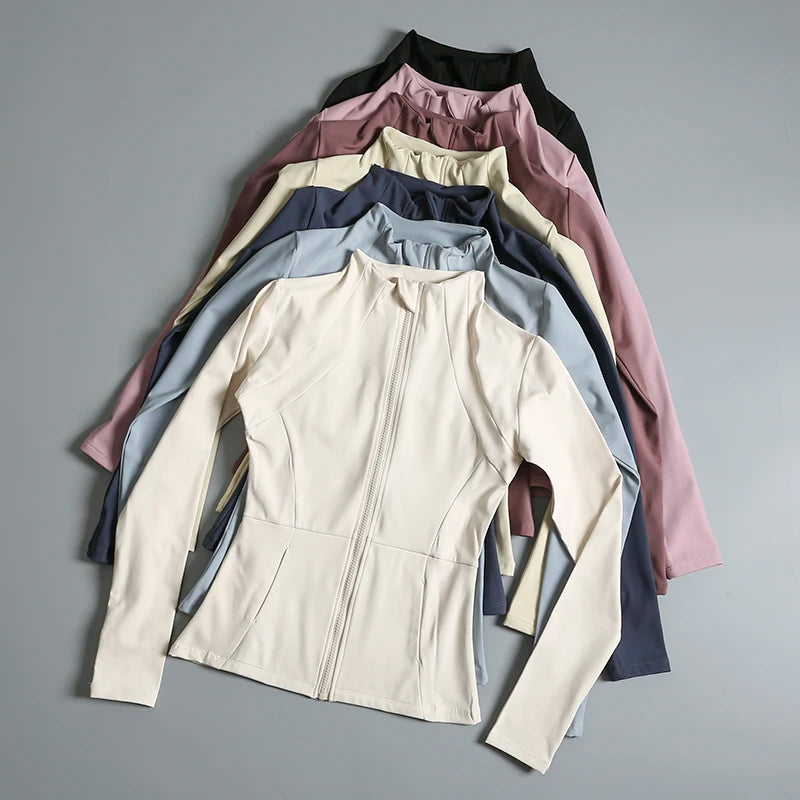 Nouveau yoga vêtements dames manteau rond haut élastique lâche exercice yoga fitness manches longues col debout hauts de yoga